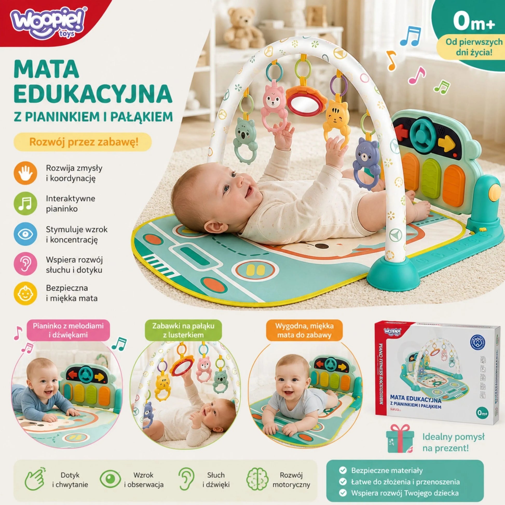 Woopie Baby edukacinis kilimėlis su pianinu, žaislų arka, barškutėmis ir veidrodėliu