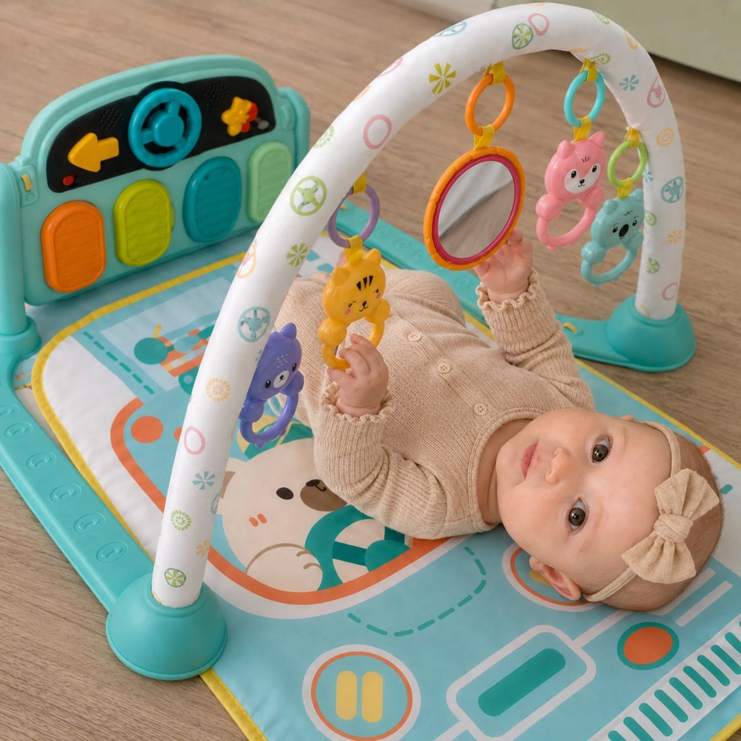 Woopie Baby edukacinis kilimėlis su pianinu, žaislų arka, barškutėmis ir veidrodėliu