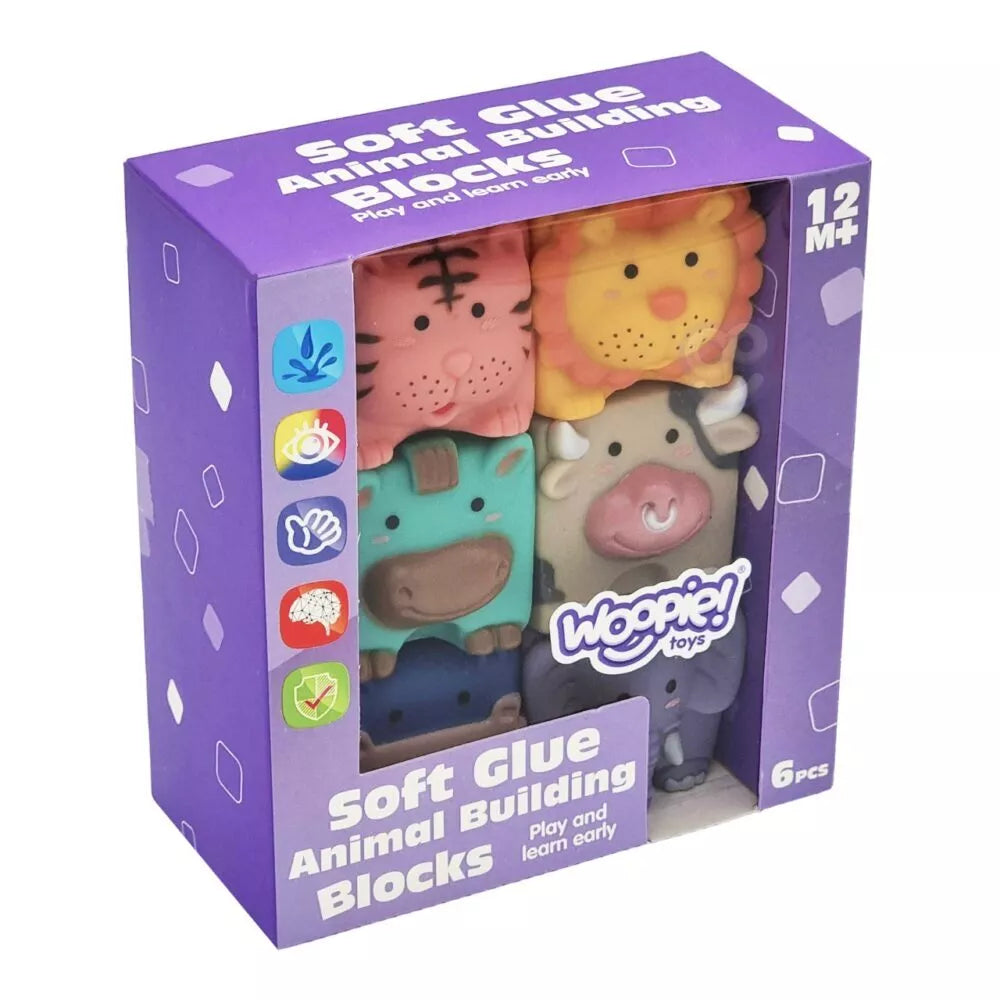 WOOPIE BABY Sensoriniai blokeliai Gyvūnai Suspaudžiantys Dėlionės + Garsas 6 vnt.