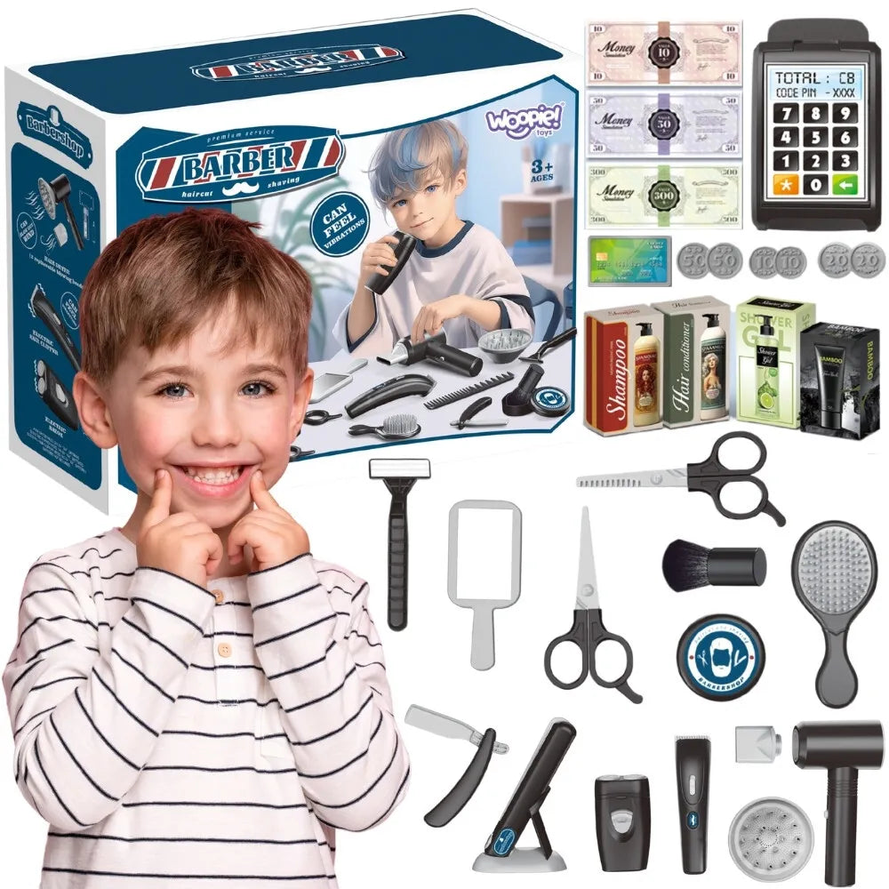 Woopie BARBER SET – 24 dalių kirpyklos rinkinys su džiovintuvu ir vibruojančia mašinėle
