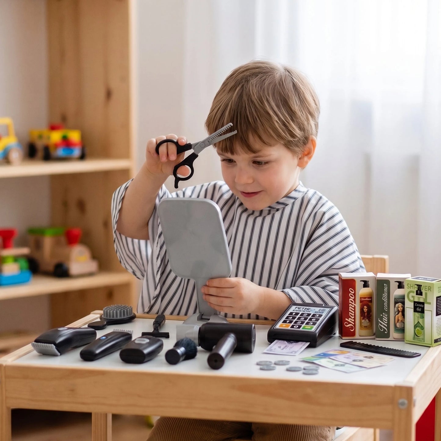 Woopie BARBER SET – 24 dalių kirpyklos rinkinys su džiovintuvu ir vibruojančia mašinėle