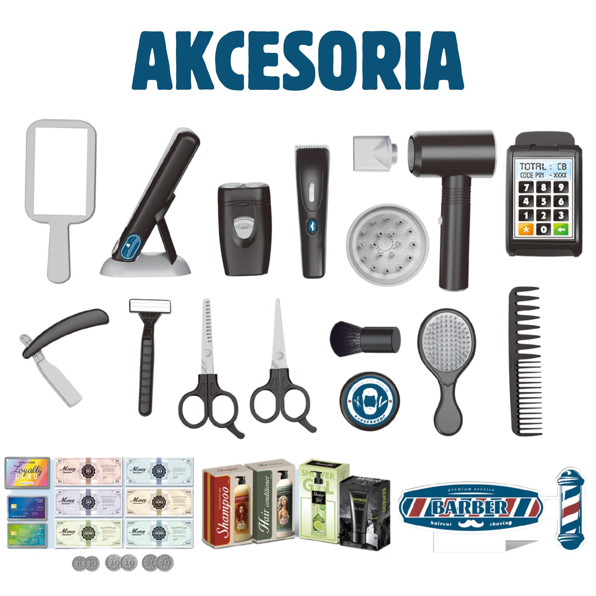 Woopie BARBER SET – 24 dalių kirpyklos rinkinys su džiovintuvu ir vibruojančia mašinėle