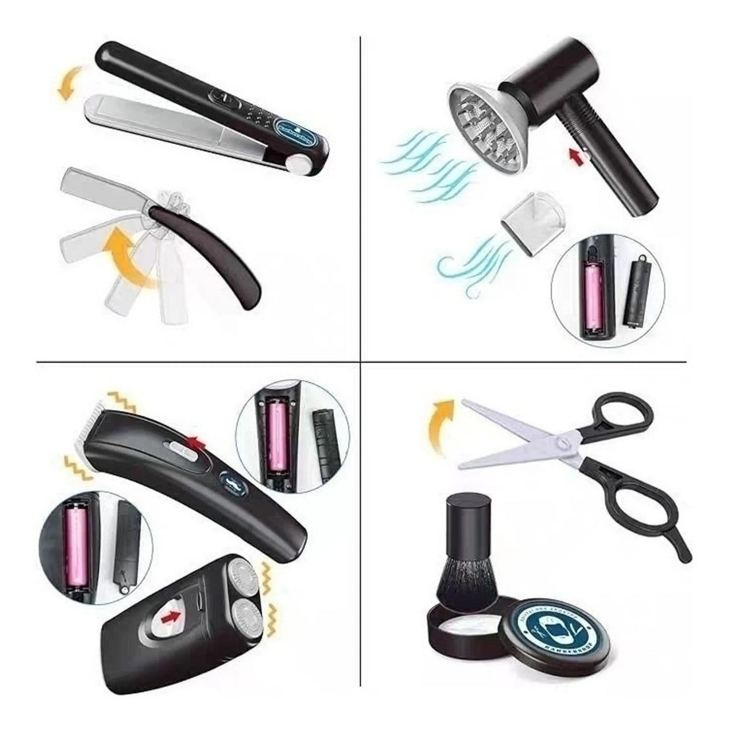 Woopie BARBER SET – 24 dalių kirpyklos rinkinys su džiovintuvu ir vibruojančia mašinėle