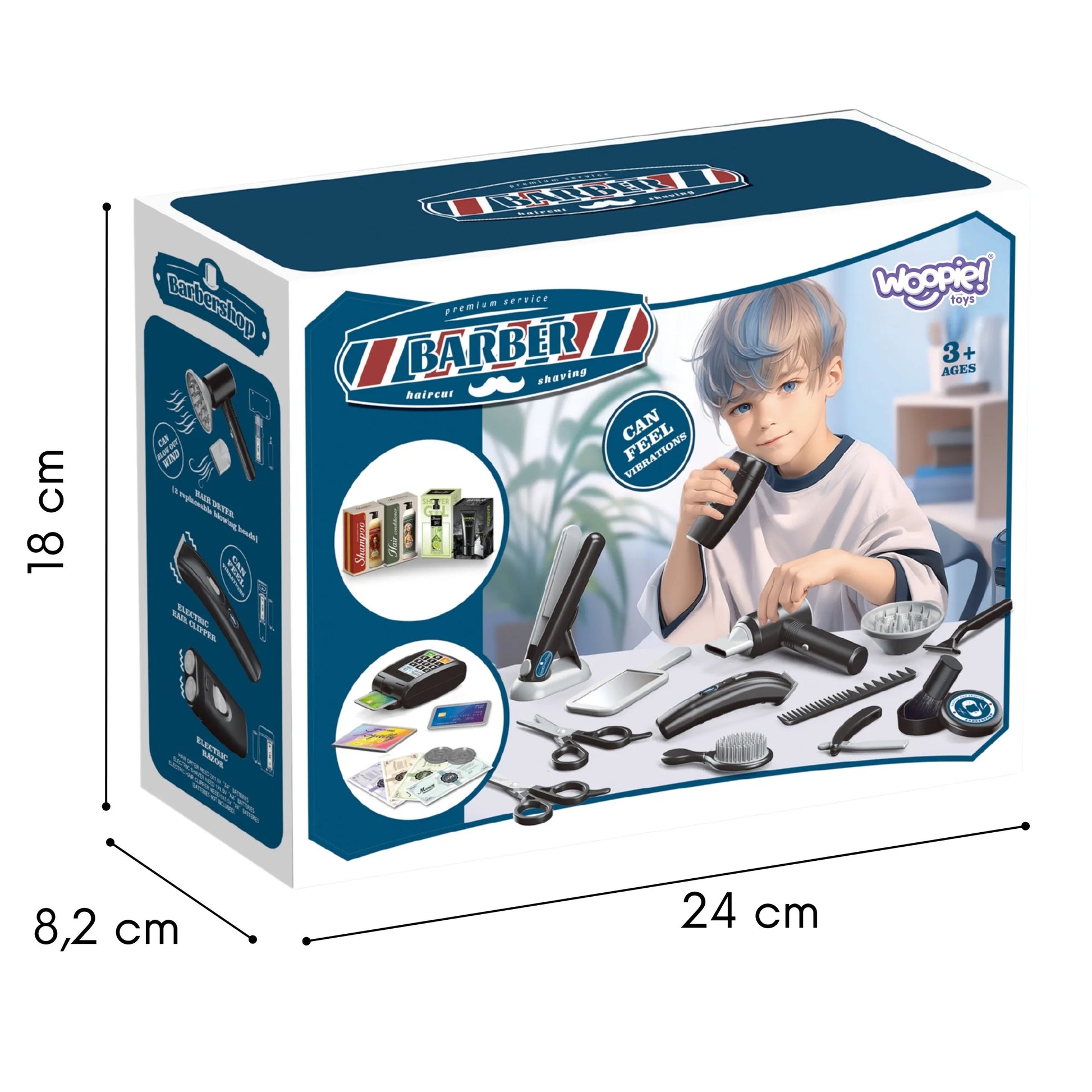 Woopie BARBER SET – 24 dalių kirpyklos rinkinys su džiovintuvu ir vibruojančia mašinėle