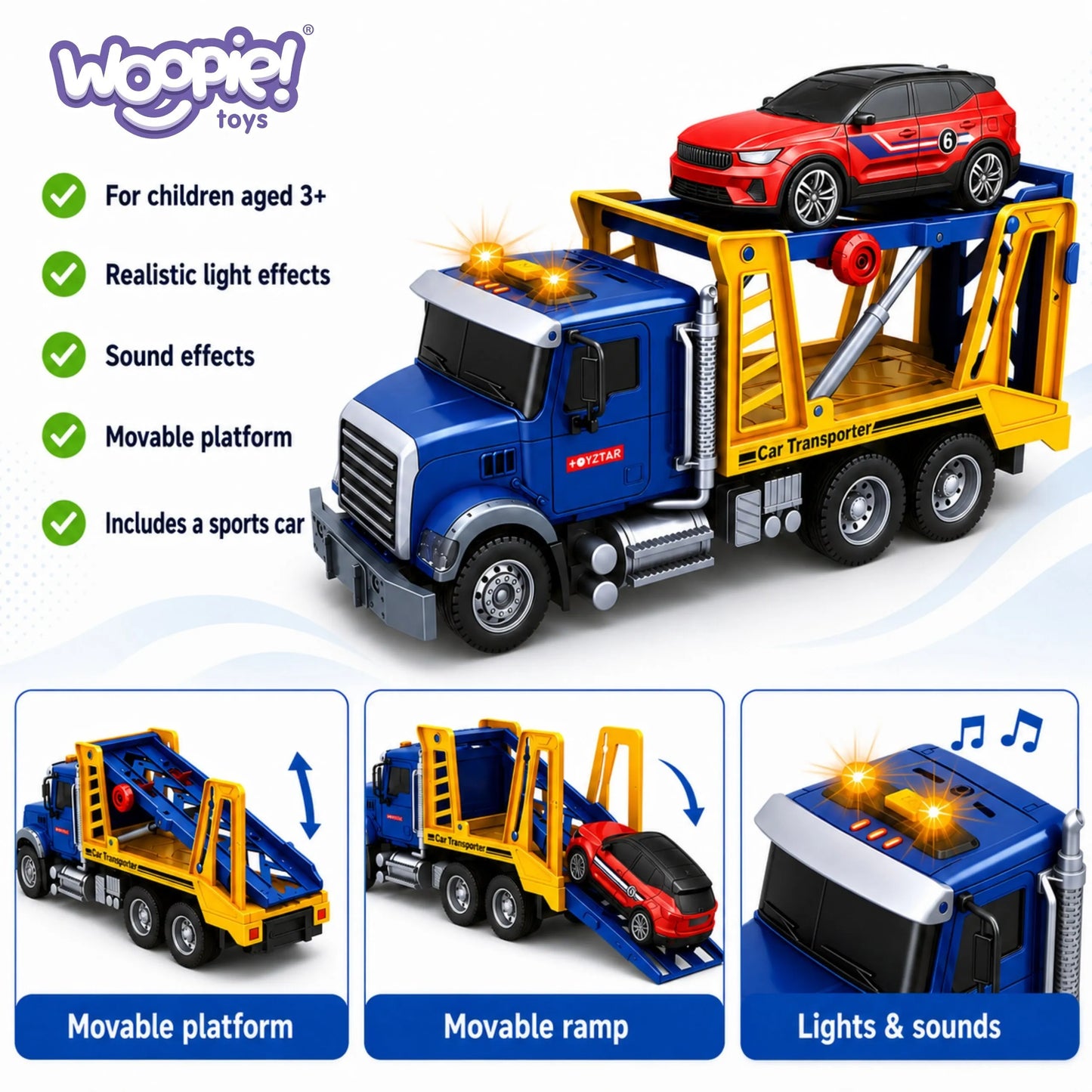 Woopie didelis automobilių transporterio sunkvežimis 1:14 su sportiniu automobiliu