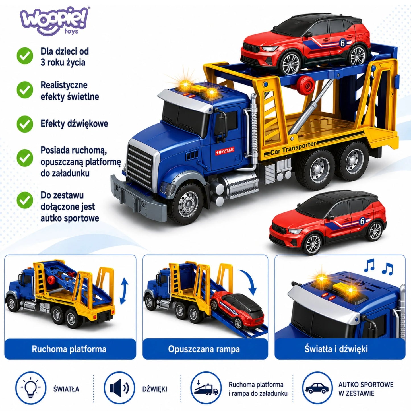 Woopie didelis automobilių transporterio sunkvežimis 1:14 su sportiniu automobiliu