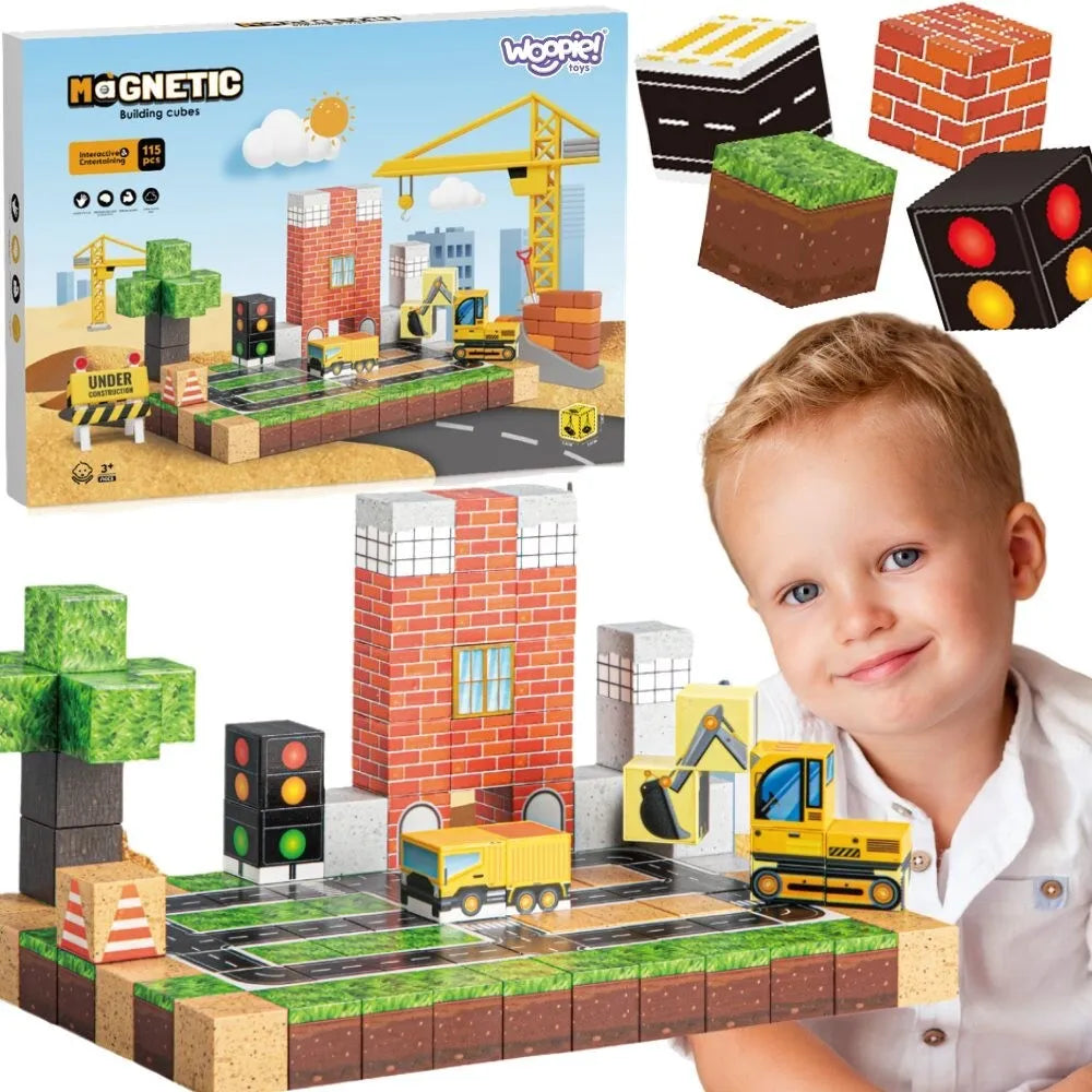 WOOPIE didelis statybų tematikos magnetinių kubų rinkinys, 3+