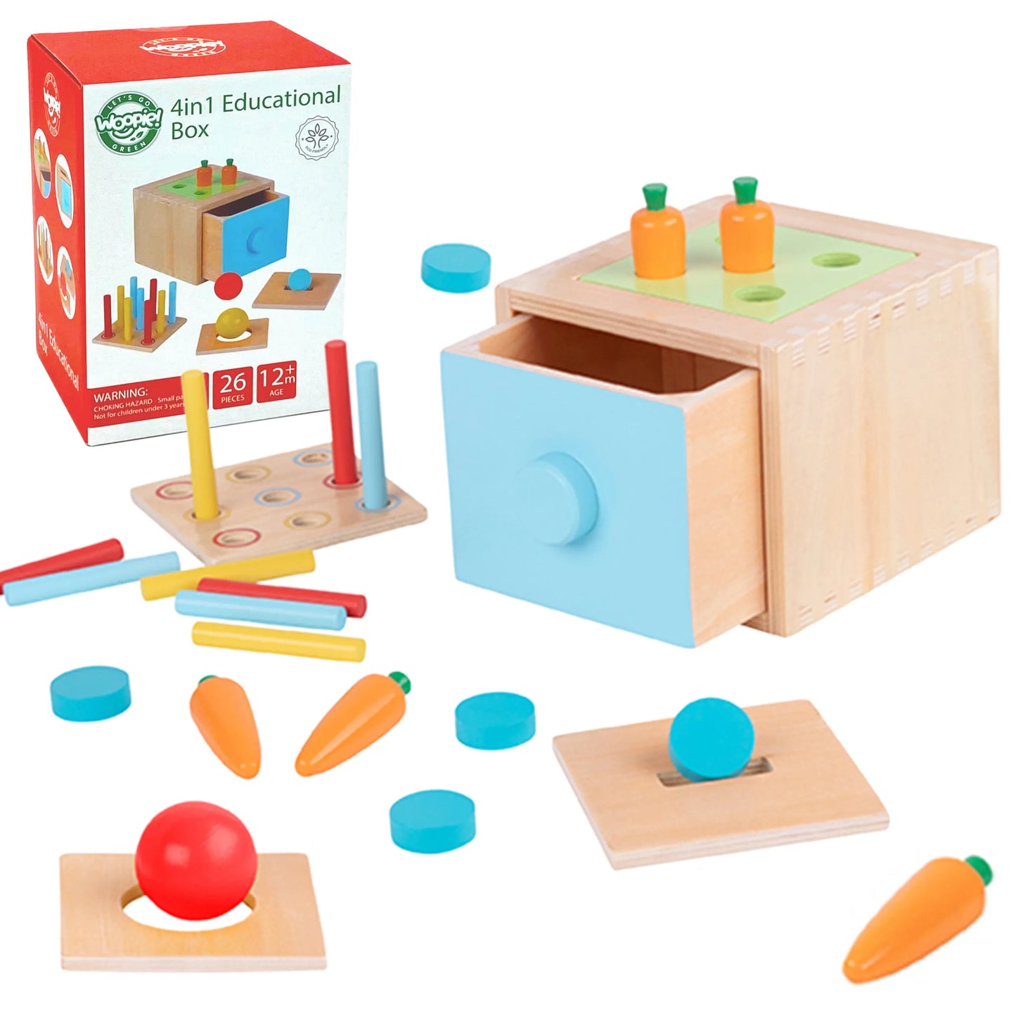 WOOPIE GREEN medinė edukacinė 4-in-1 Montessori rūšiavimo dėžutė „Morkų žaidimas“