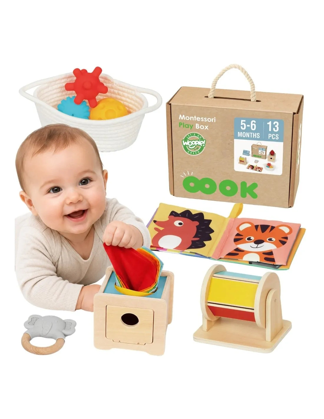 WOOPIE GREEN XXL Montessori edukacinė sensorinė dėžė 6 viename, 13 dalių, 5–6 mėn. kūdikiams