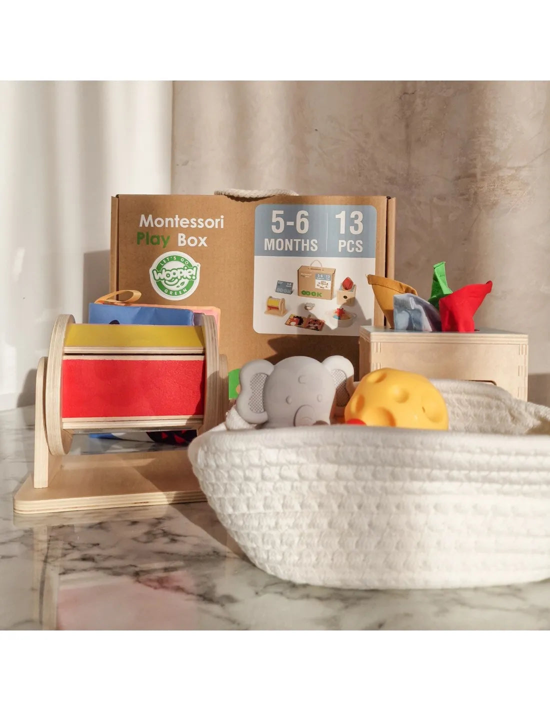 WOOPIE GREEN XXL Montessori edukacinė sensorinė dėžė 6 viename, 13 dalių, 5–6 mėn. kūdikiams