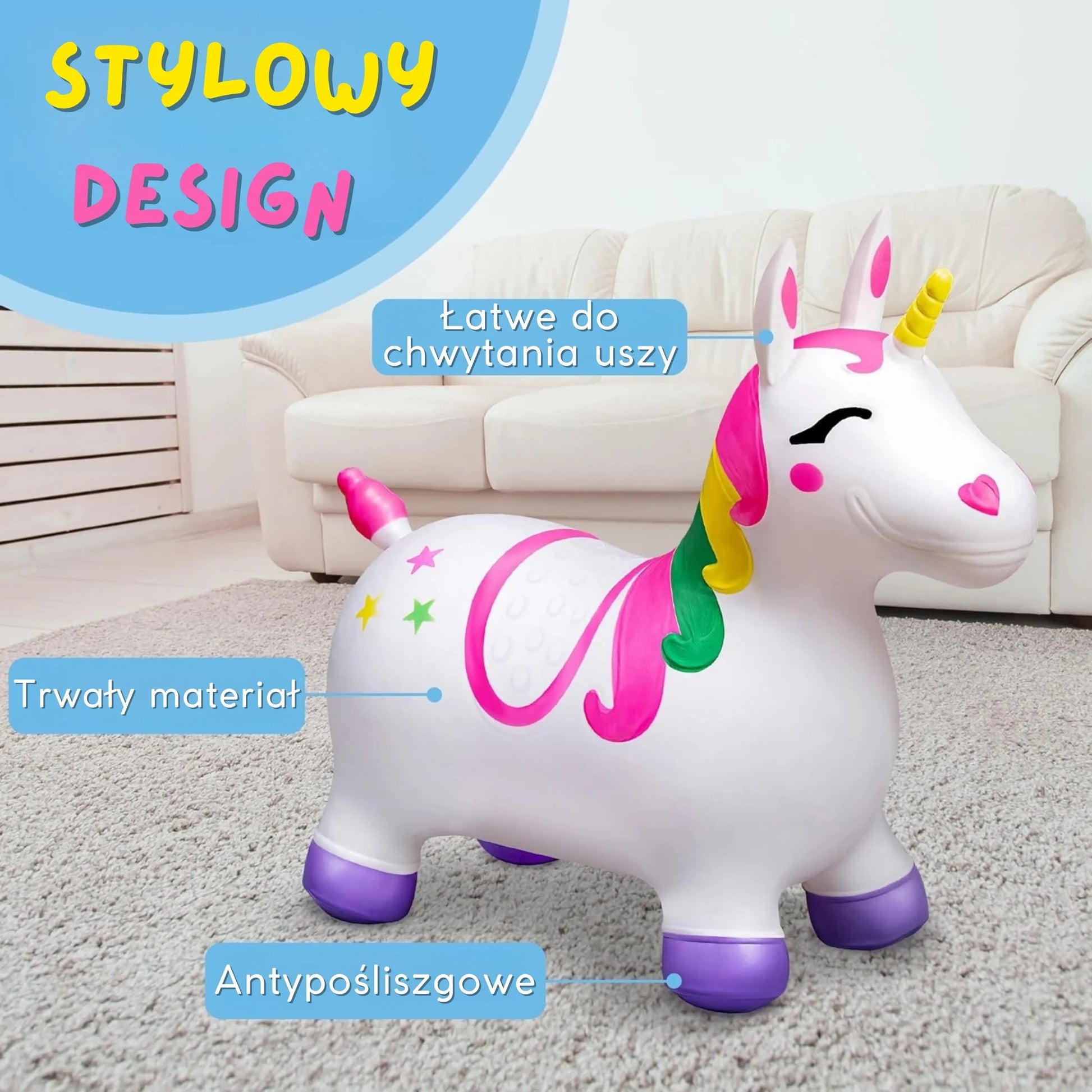 „WOOPIE“ guminis šokinėjimo žaislas – baltas vienaragis + pompa