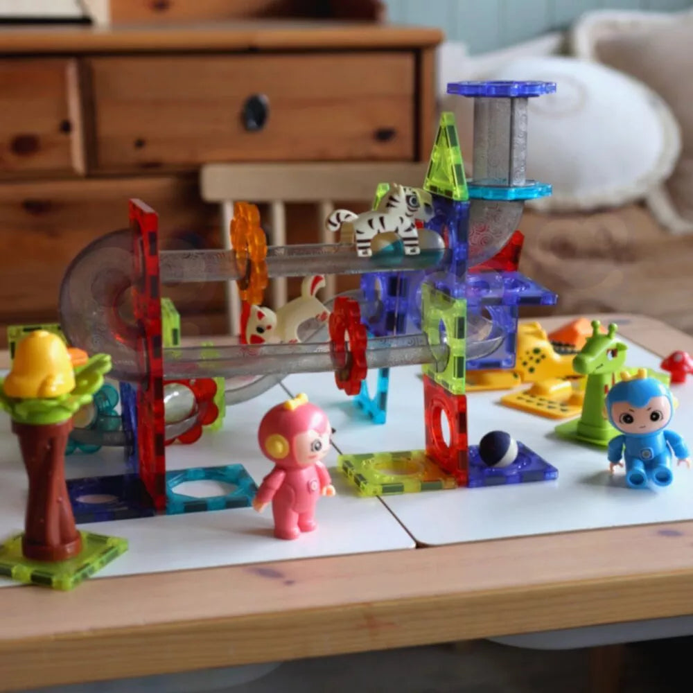 WOOPIE magnetiniai kaladėlės kamuoliukų trasai gyvūnų rojus 104 vnt.