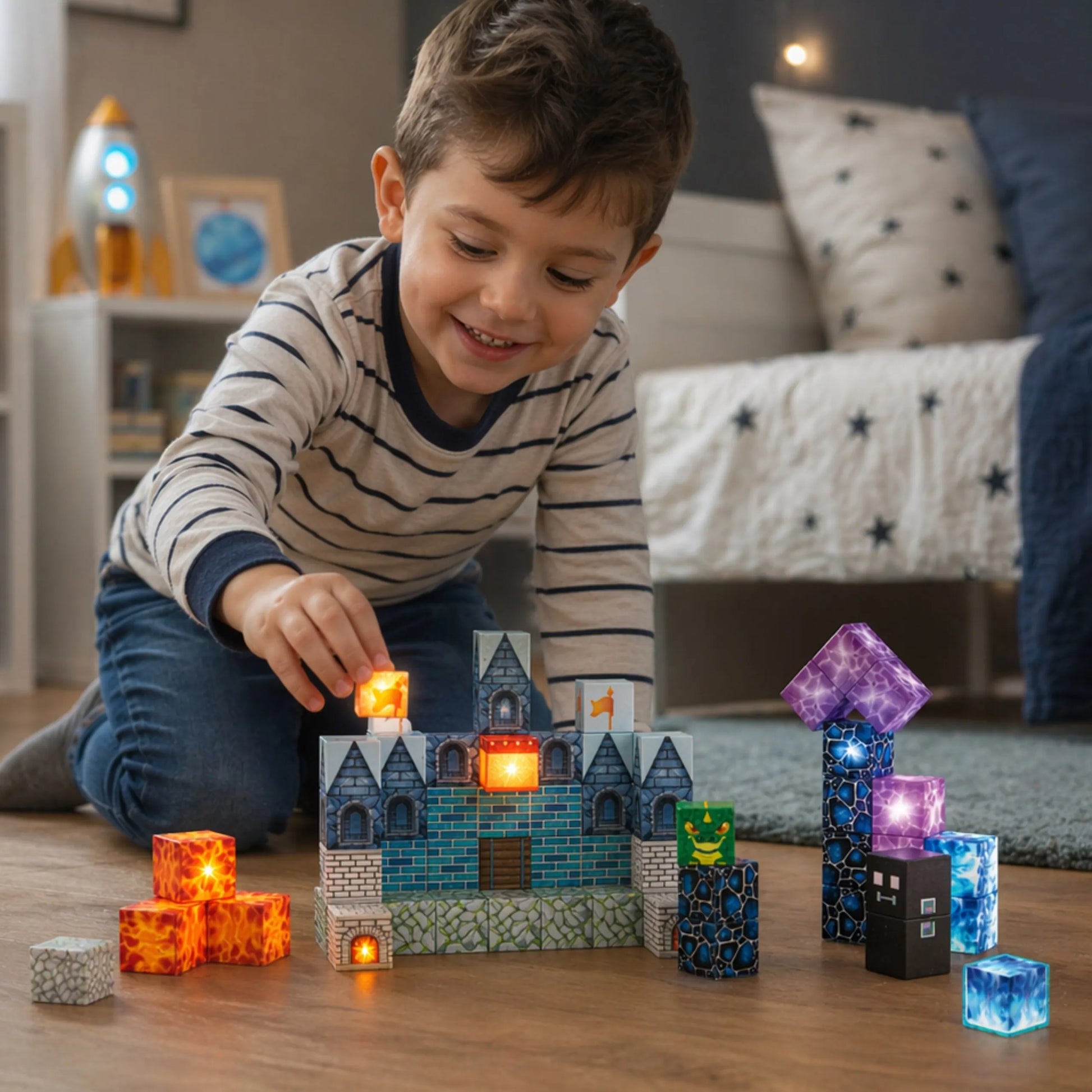 WOOPIE LED magnetiniai kubai su pikselių pasaulio grafika, 3+