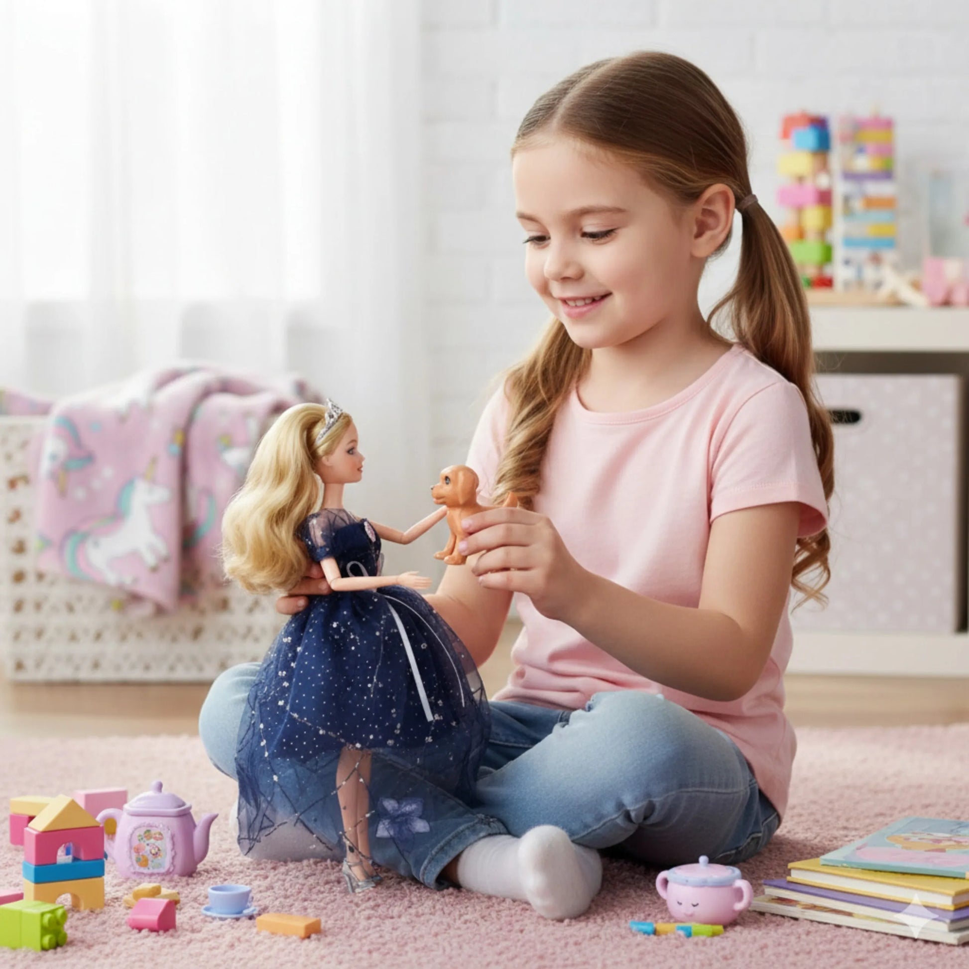 Woopie lėlė Emilka su šuneliu ir tamsiai mėlyna suknele