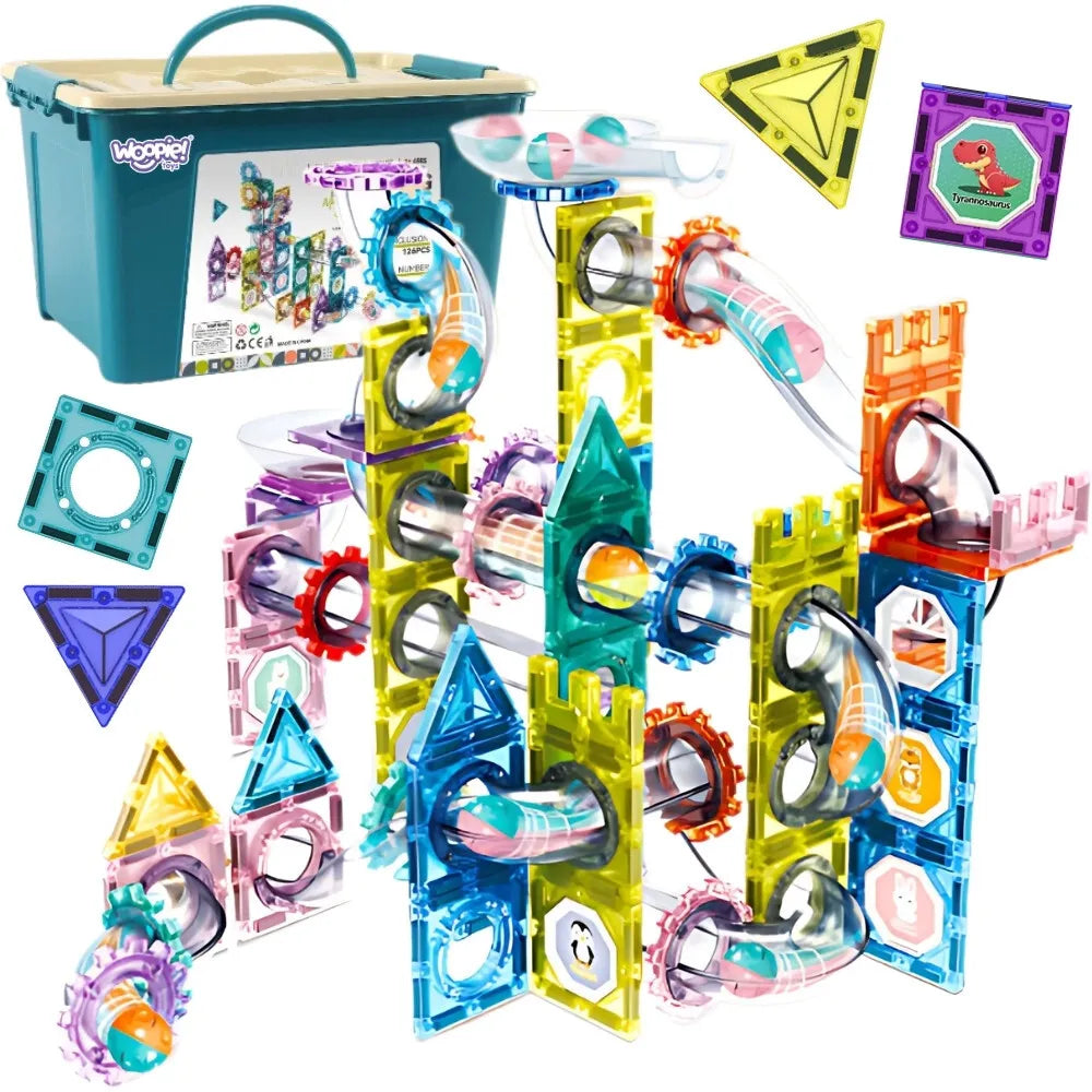 Woopie magnetiniai 3D konstruktoriai – 126 vnt. kulodromas su skaidriais elementais
