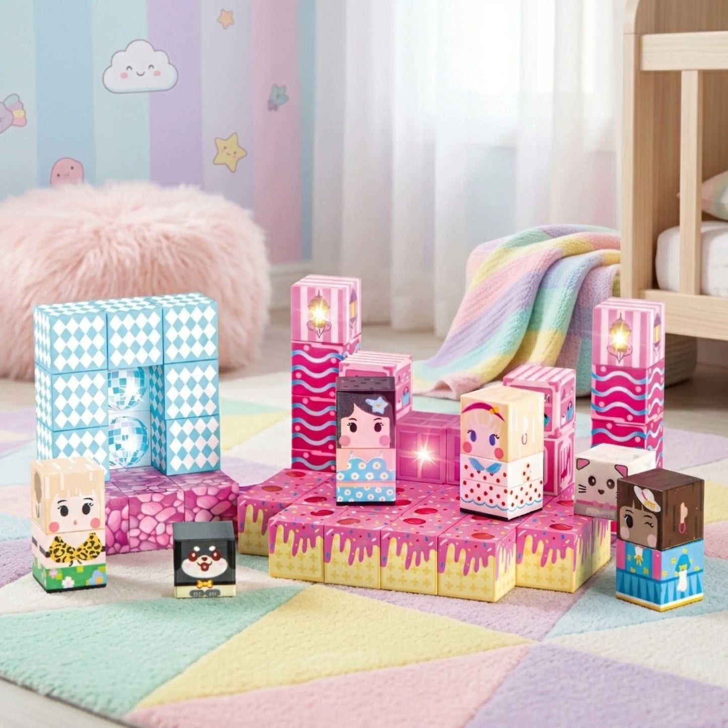 WOOPIE magnetiniai kubai su personažais ir LED elementais, 3+