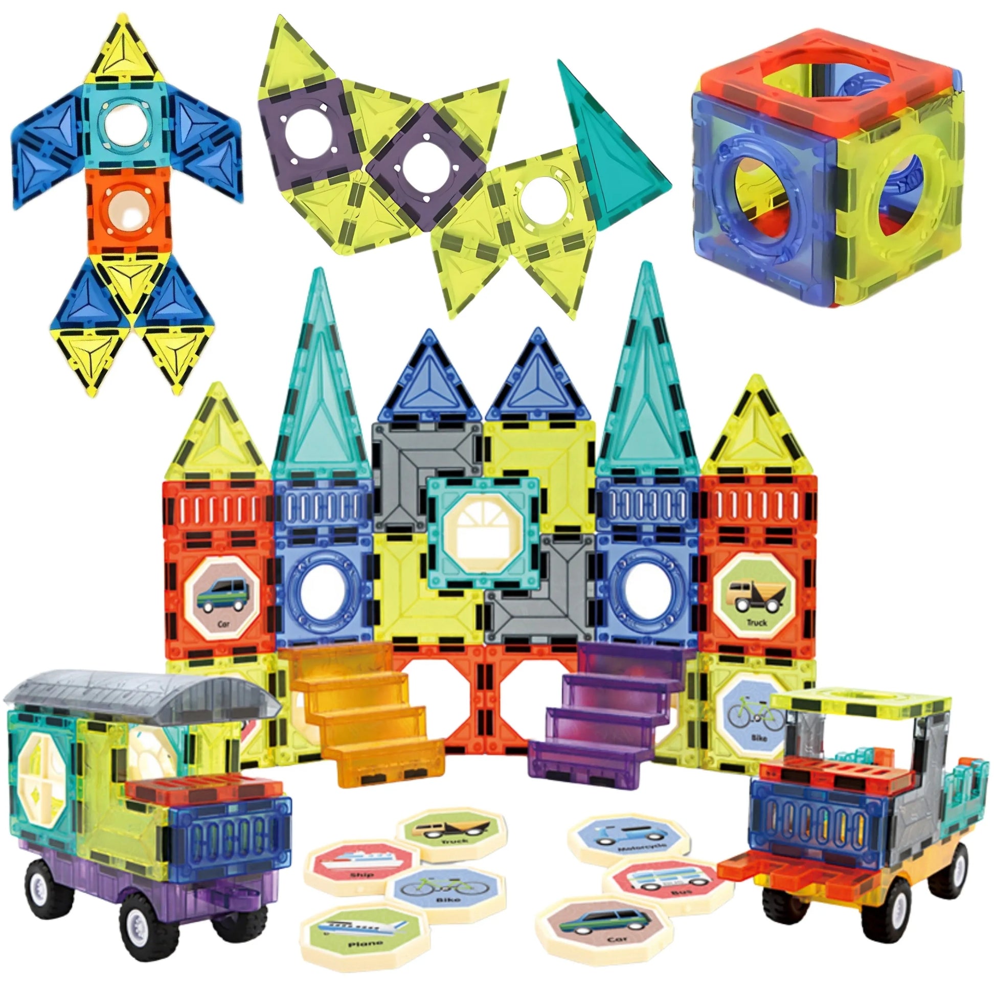 „WOOPIE“ magnetinių 3D kaladėlių rinkinys – pilis ir transporto priemonės (71 vnt.)