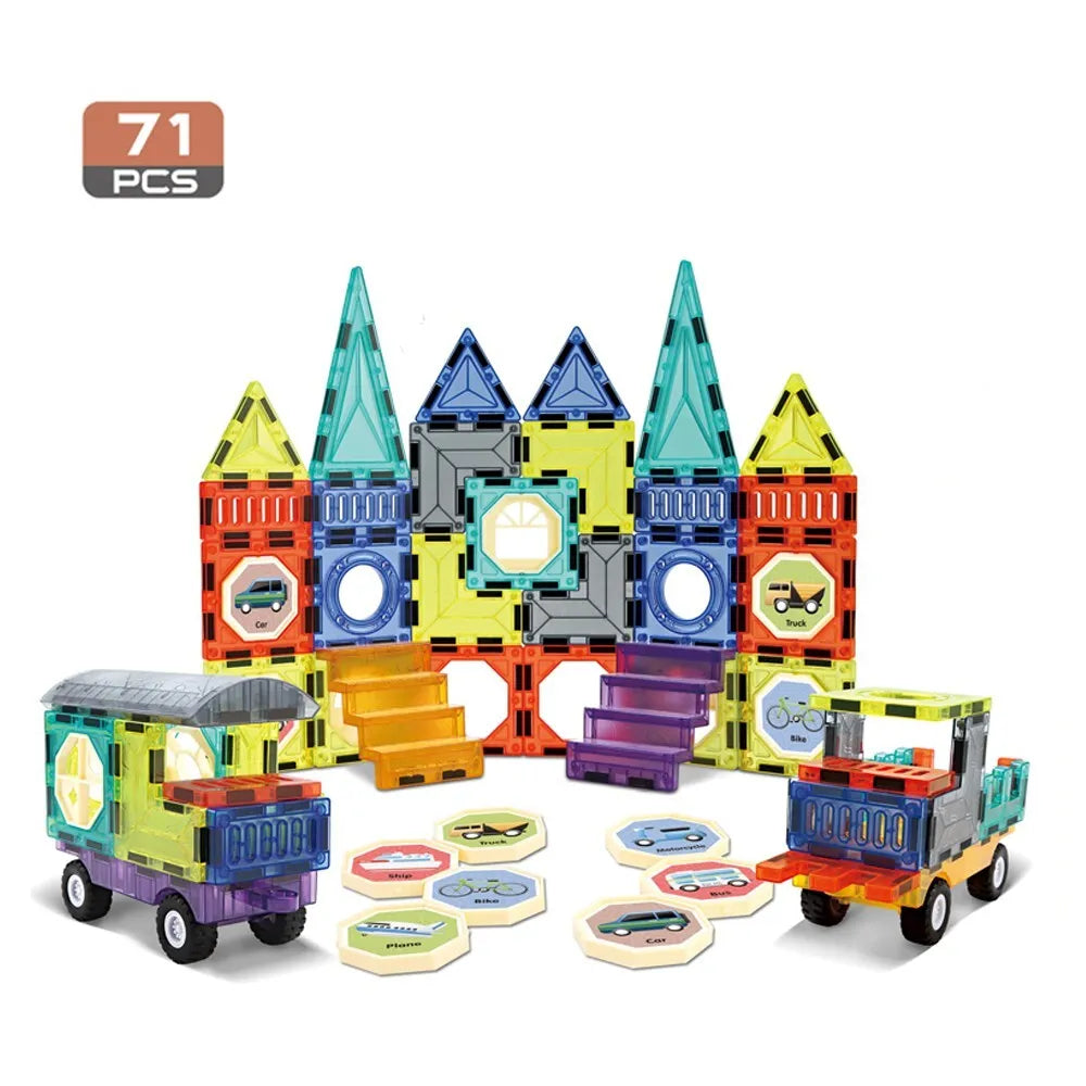 „WOOPIE“ magnetinių 3D kaladėlių rinkinys – pilis ir transporto priemonės (71 vnt.)