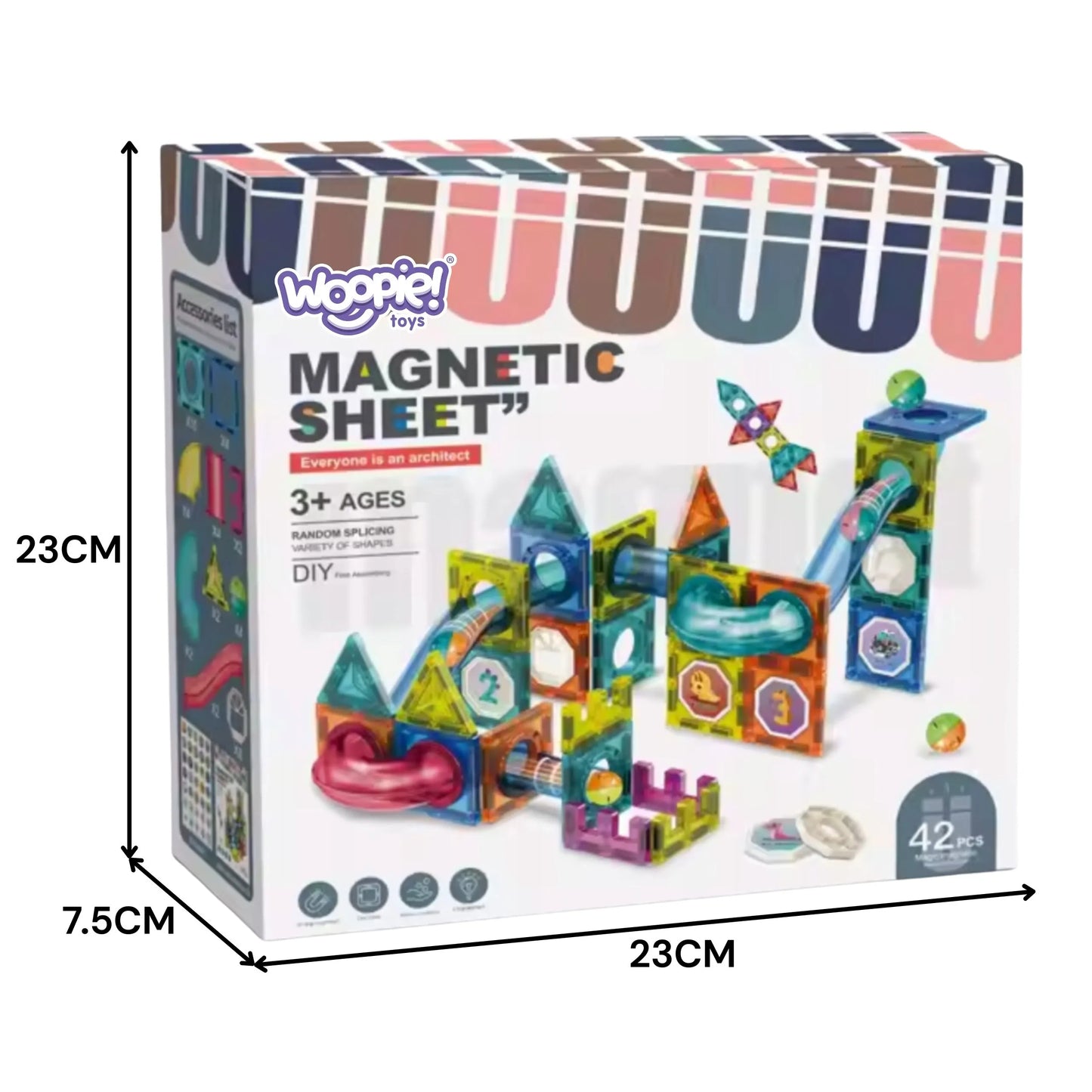 „WOOPIE“ magnetinių 3D konstravimo kaladėlių edukacinis rinkinys – kamuoliukų trasa (42 vnt.)