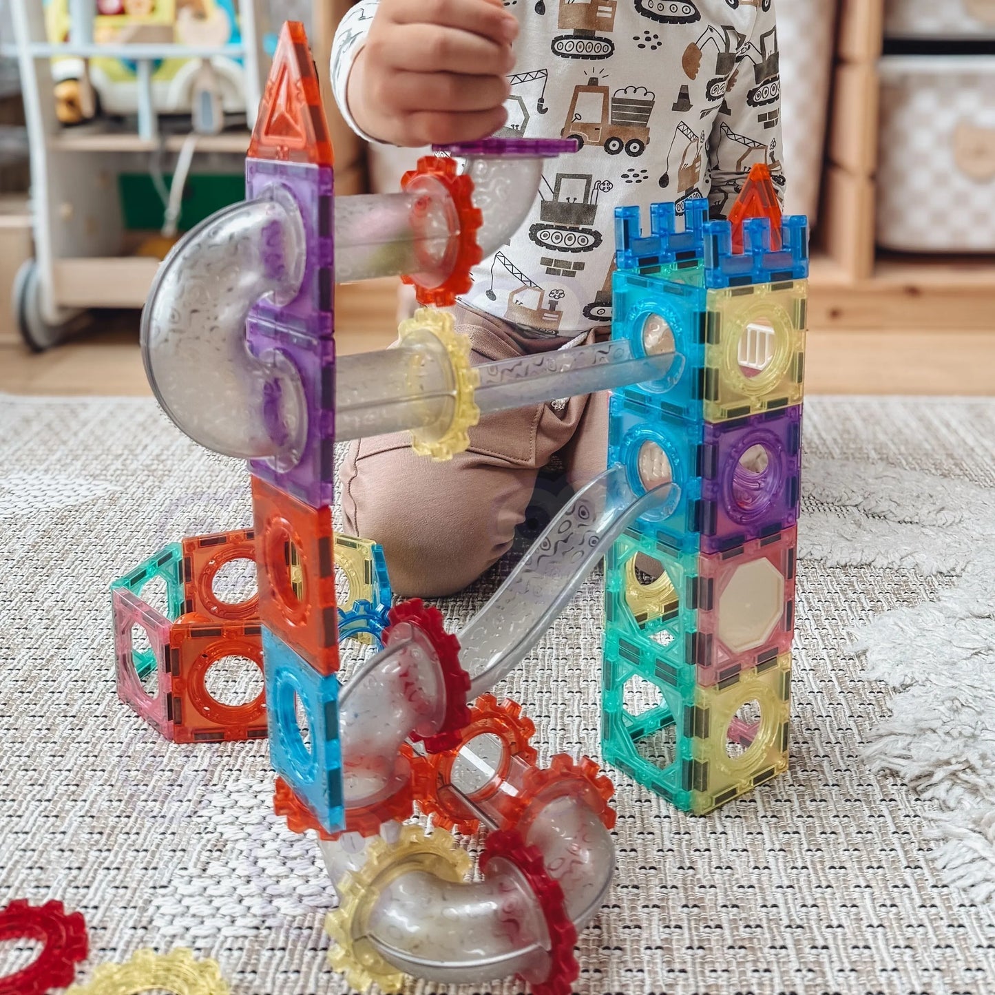 „WOOPIE“ magnetinių 3D konstrukcinių kaladėlių edukacinis rinkinys – kamuoliukų trasa (126 vnt.)
