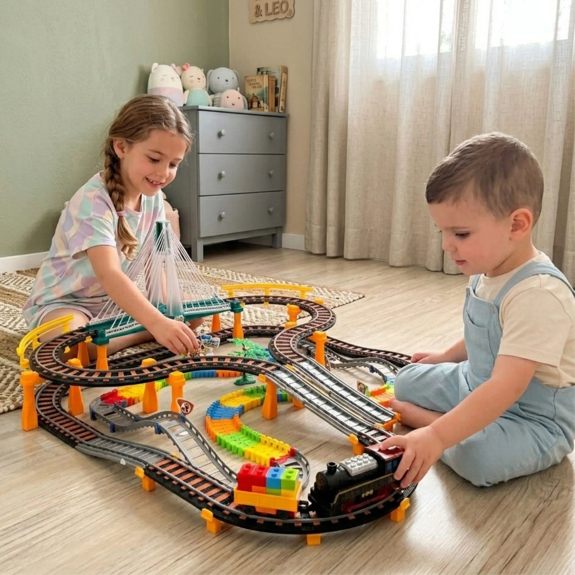 Woopie milžiniškas 2in1 traukinio ir lenktynių trasos rinkinys (192 el.)