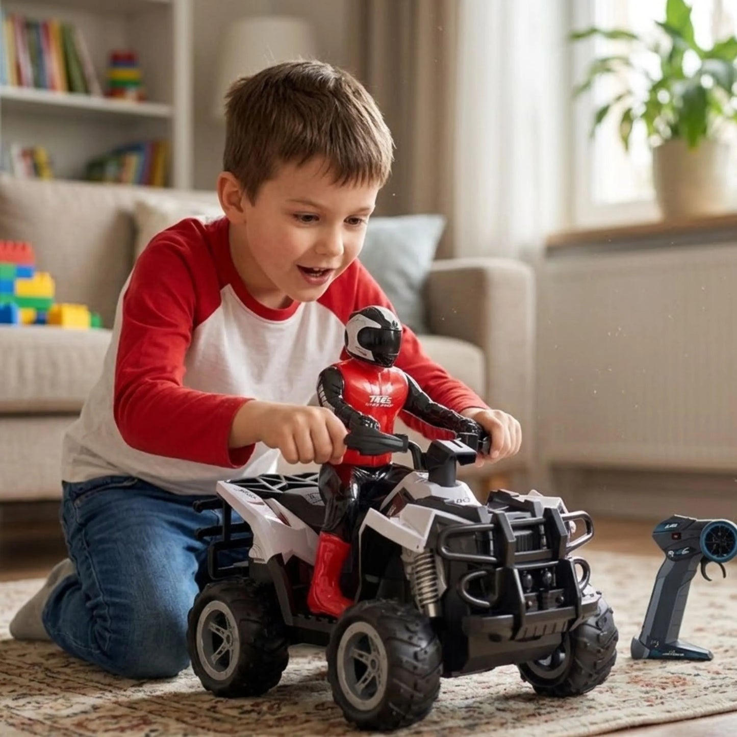 Woopie nuotoliniu būdu valdomas keturratis su motociklininko figūrėle (2.4 GHz)