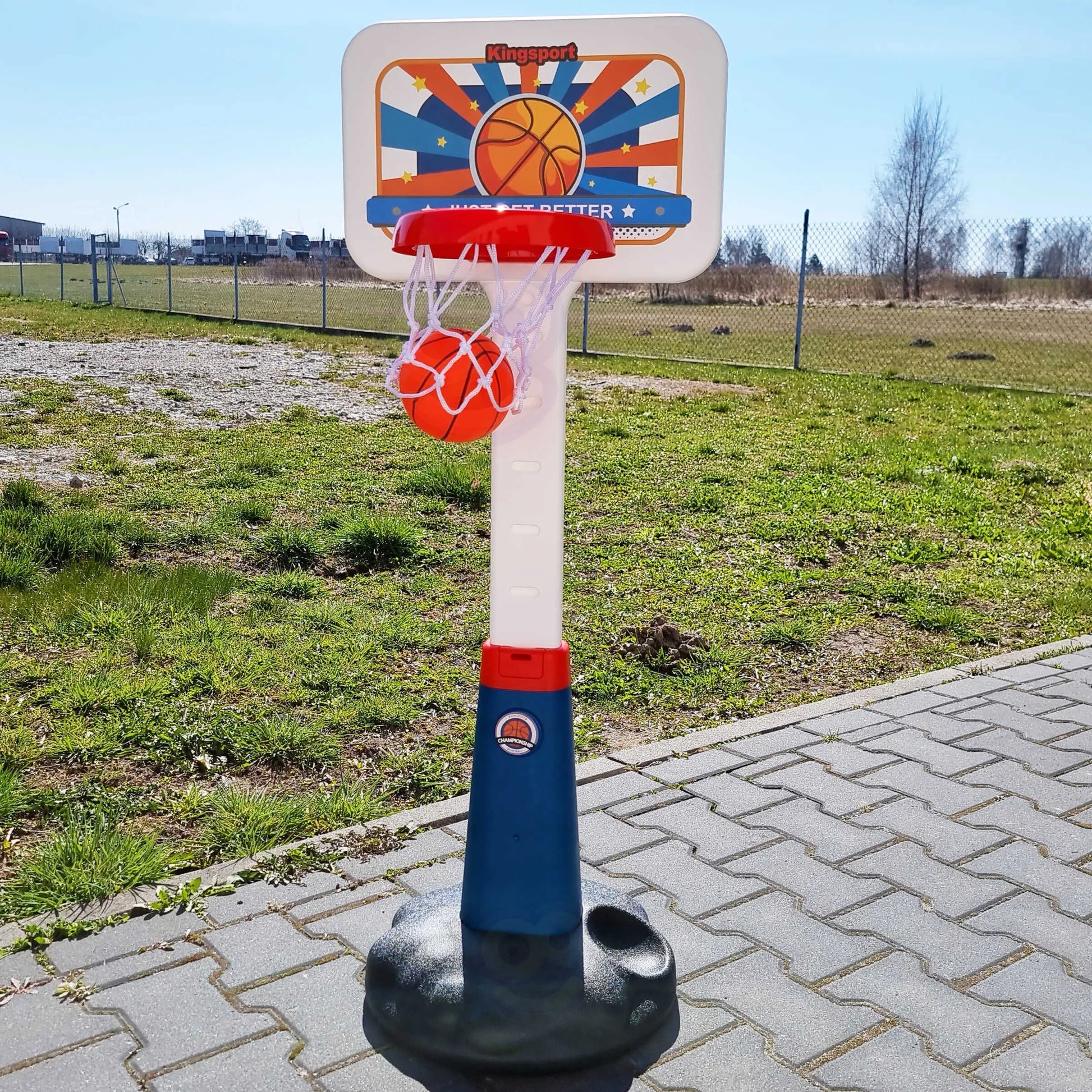 Woopie reguliuojamas krepšinio stovas su kamuoliu ir pompa – 99–125 cm