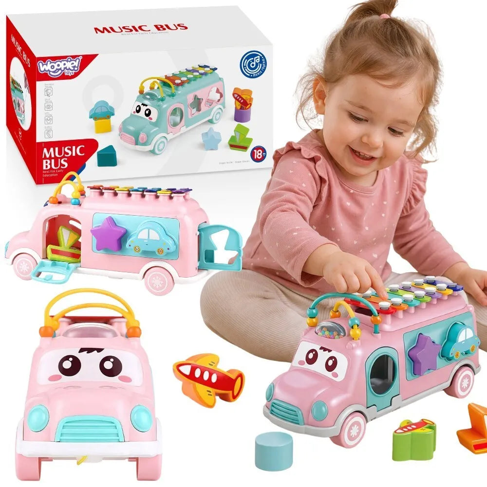 Woopie rožinis muzikinis automobilis–sorteris su cimbolais 3in1