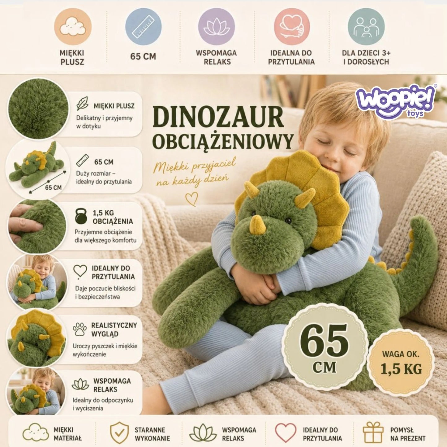 Woopie sensorinis sunkusis dinozauras – 1,5 kg, 65 cm