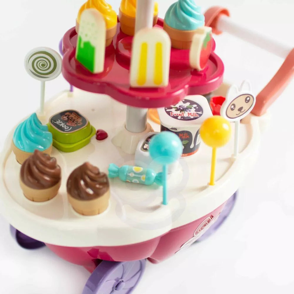 WOOPIE maisto vagonėlis, konditerijos vežimėlis, ledų stovas, garsinės šviesos + 36 priedai