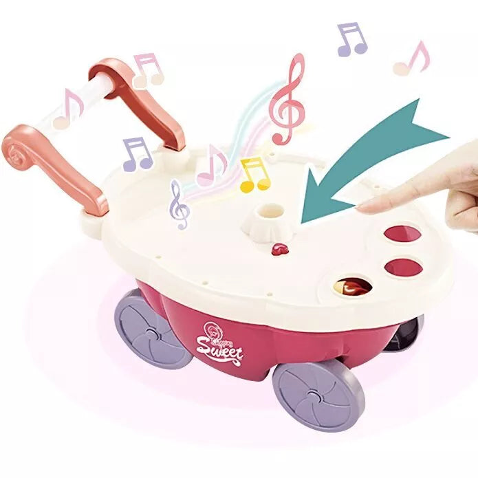 WOOPIE maisto vagonėlis, konditerijos vežimėlis, ledų stovas, garsinės šviesos + 36 priedai