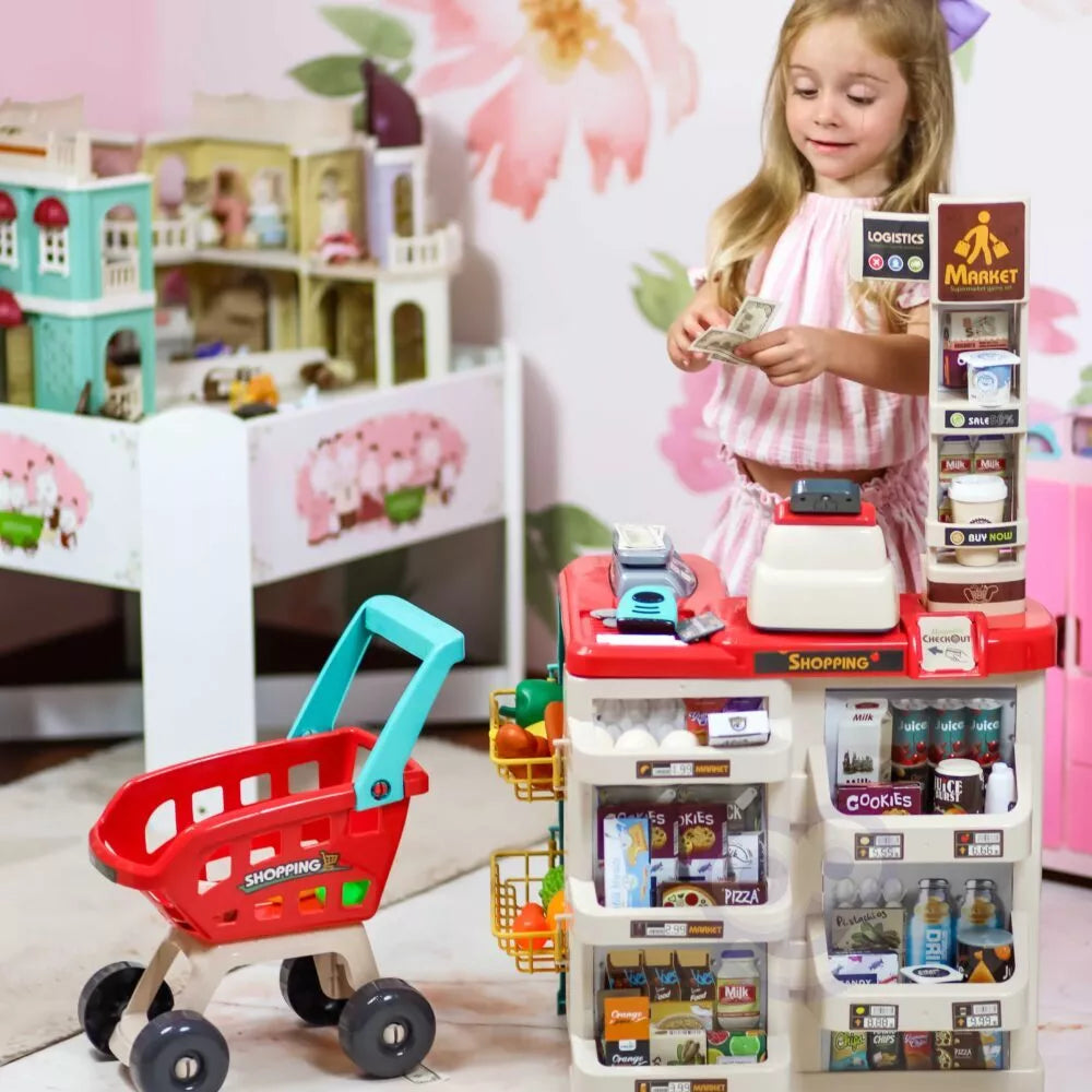 WOOPIE prekybos centras su pirkinių vežimėlių svarstyklėmis, kasos aparato skaitytuvu + 48 priedais.