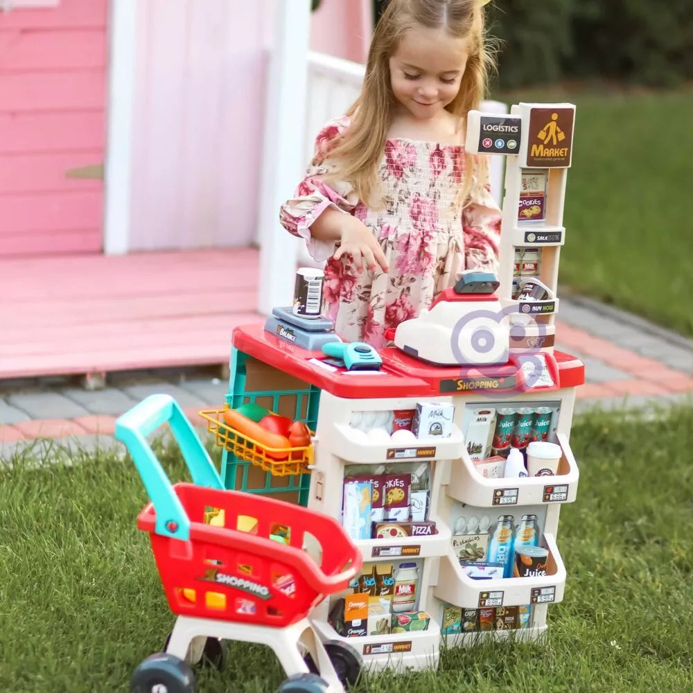 WOOPIE prekybos centras su pirkinių vežimėlių svarstyklėmis, kasos aparato skaitytuvu + 48 priedais.