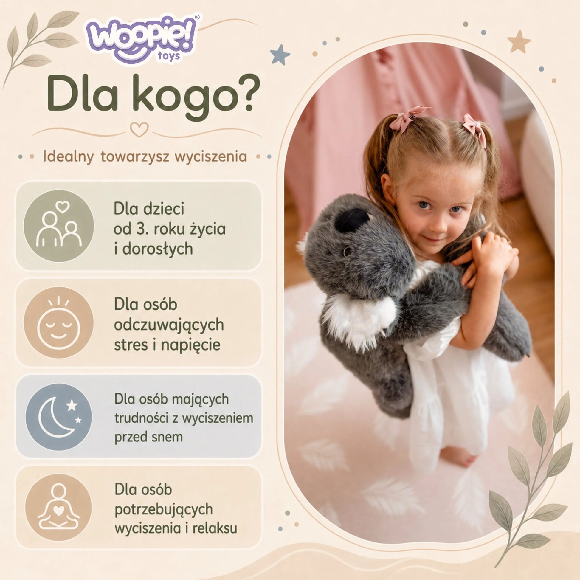 Woopie Sunkusis Koala – 1,5 kg sensorinis, raminantis pliušinis žaislas