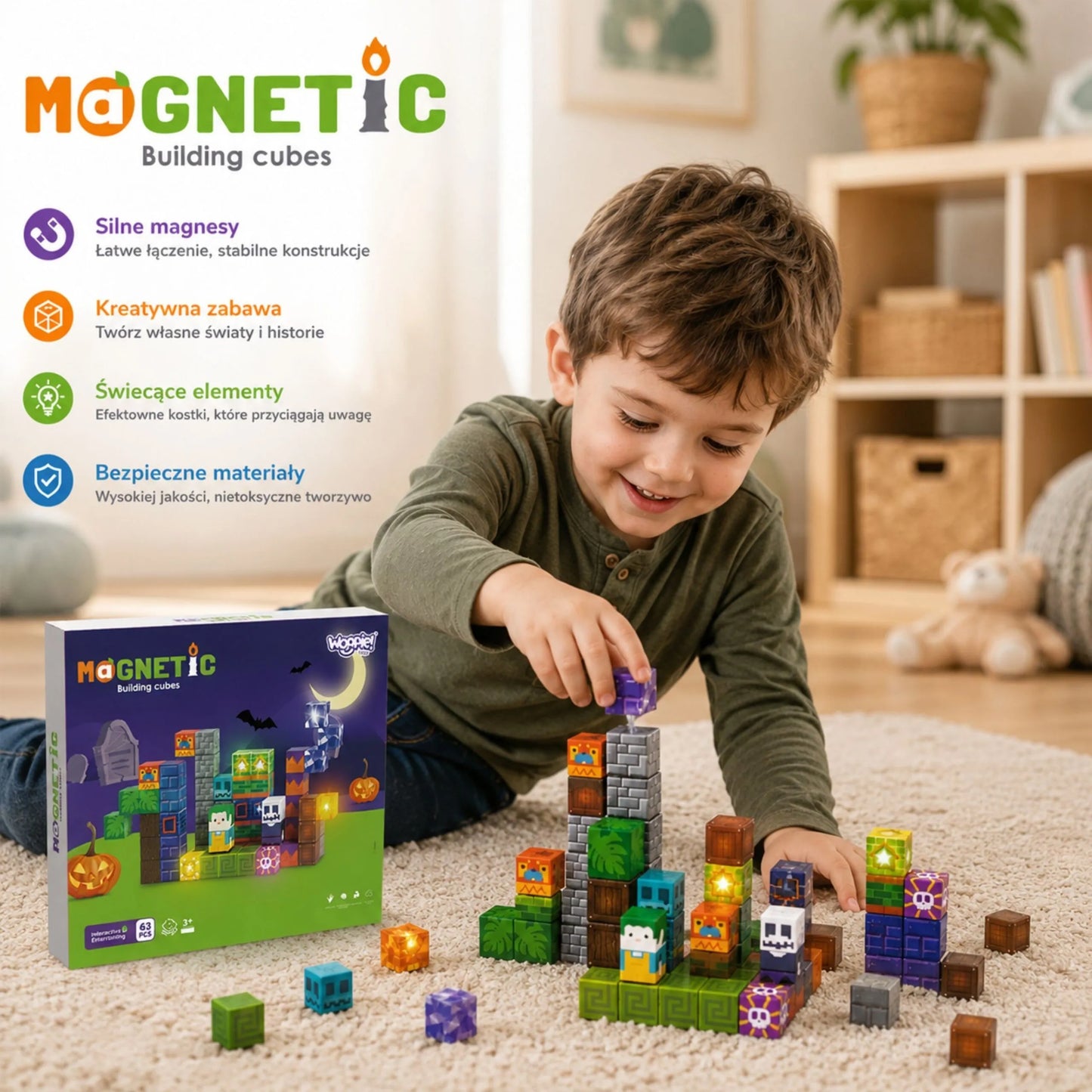 WOOPIE šviečiantys magnetiniai kubai su Helovino tema, 3+