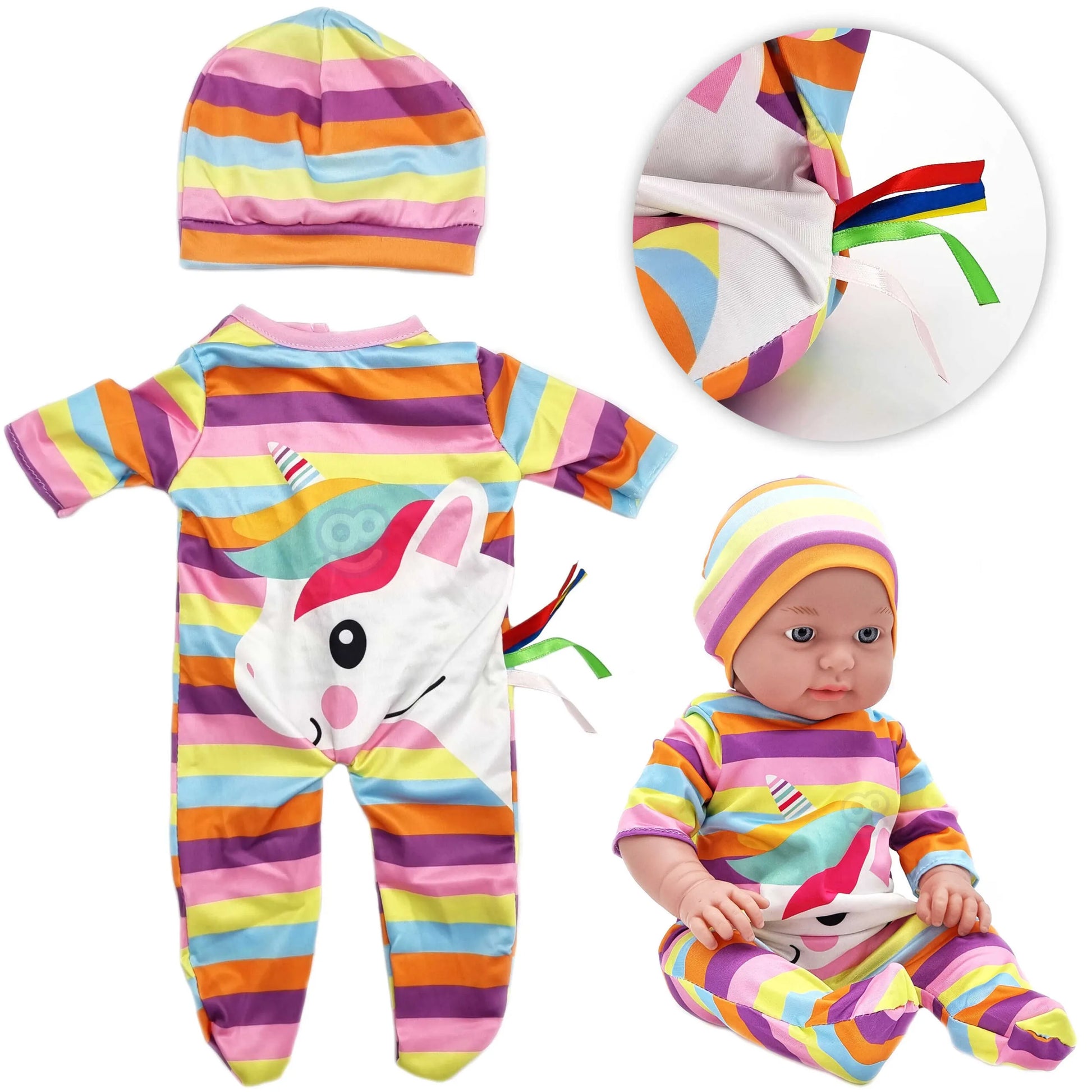 Woopie „Unicorn“ drabužių rinkinys lėlei – su bodžiuku, kepuryte ir pakaba (43–46 cm)
