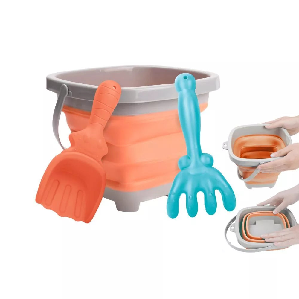 Sulankstomas smėlio rinkinys su grėbliais, kastuvu – oranžinis