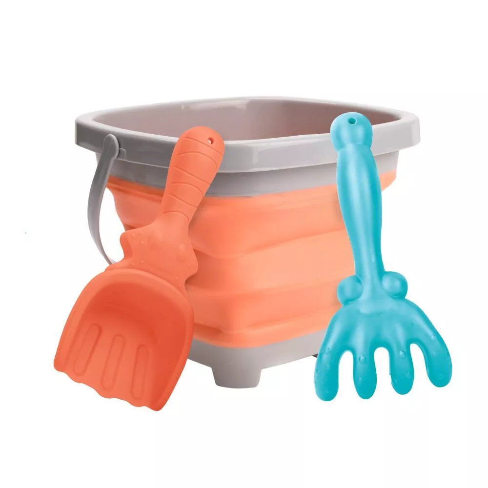 Sulankstomas smėlio rinkinys su grėbliais, kastuvu – oranžinis