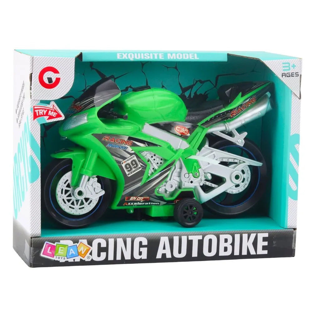 Žalias lenktyninis motociklas su šviesomis