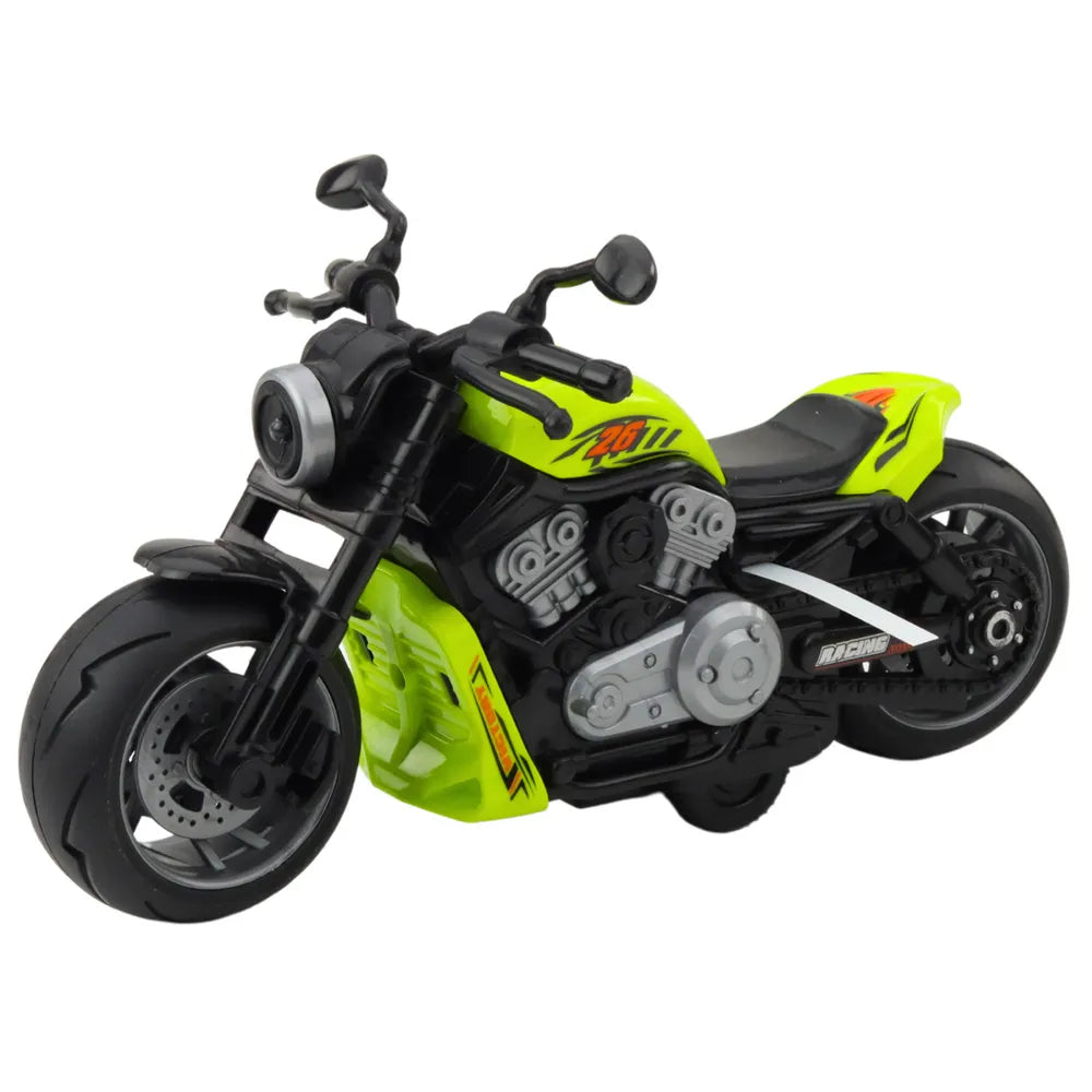 Žalias žaislinis motociklas su šviesomis